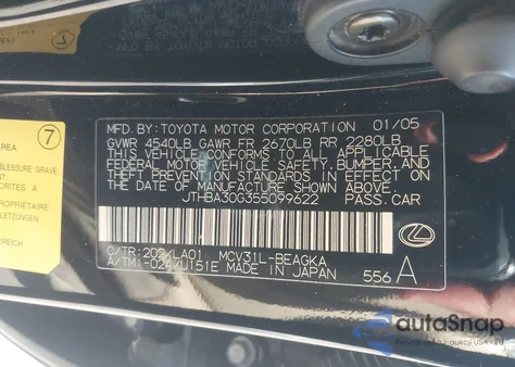 2005 Lexus Es 330 from USA, damaged, VIN JTHBA30G355099622